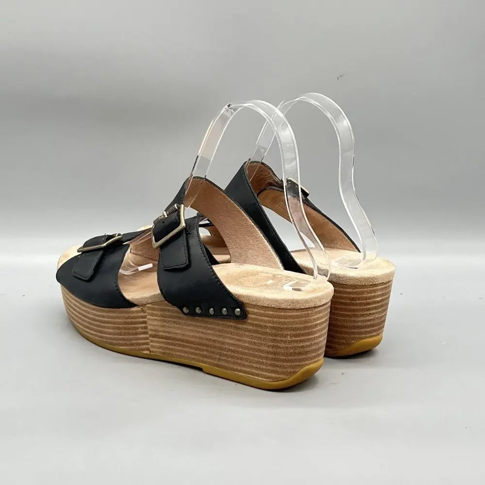 Dansko Sandals Womens 8.5 Black Leather Slingback Buckle Platform Wedge Shoes